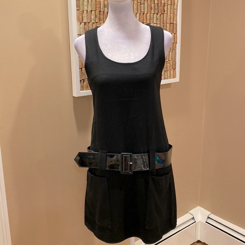 NWT. Love Wool Black Drop Waist Dress with Patent Belt & Front Pockets